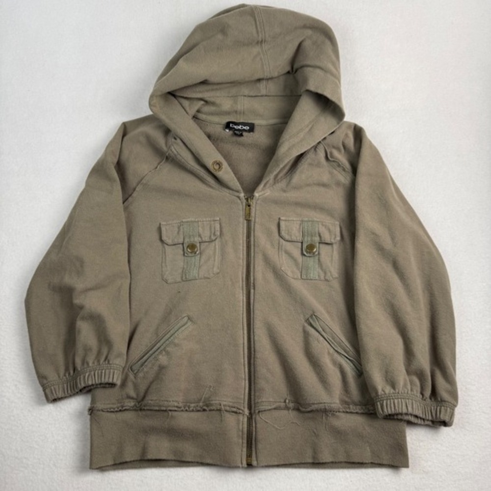 Bebe Womens‎ Full Zip Hoodie Olive Green Rhinestone Studded Logo Y2K Vintage L